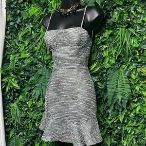 Lovers + Friends Dress Small Green Metallic Tweed Mini Ruffle Hem 3831